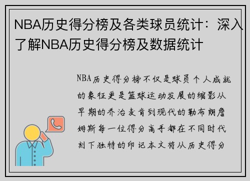 NBA历史得分榜及各类球员统计：深入了解NBA历史得分榜及数据统计