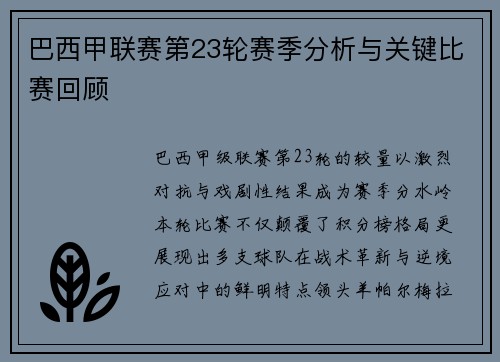 巴西甲联赛第23轮赛季分析与关键比赛回顾